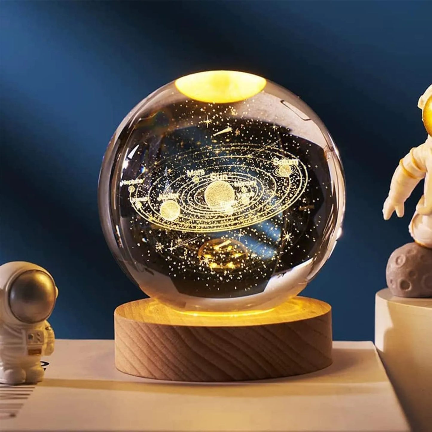 "3D LED Crystal Galaxy Lamp – Solar System Night Light with Wooden Base"