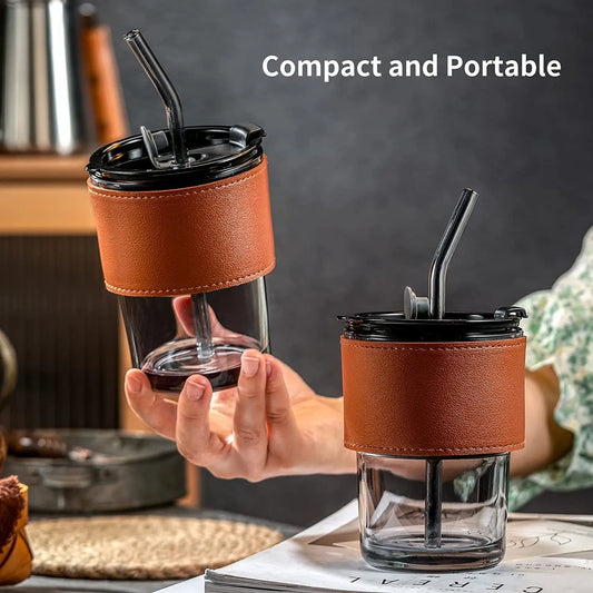 Techmanistan Glass Tumbler with Straw, Lid & Leather Sleeve | Reusable Glass Coffee Tumbler