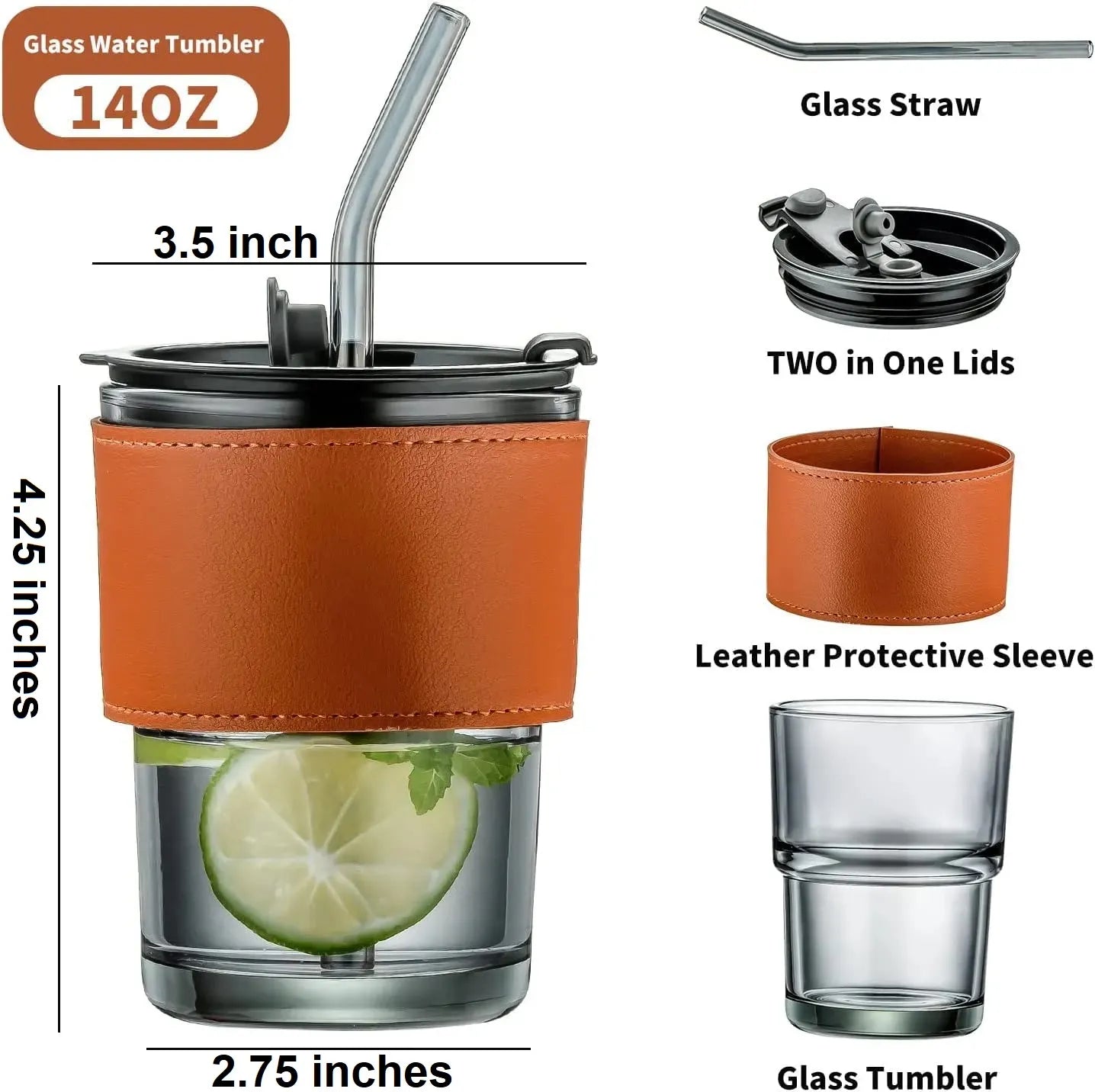 Techmanistan Glass Tumbler with Straw, Lid & Leather Sleeve | Reusable Glass Coffee Tumbler