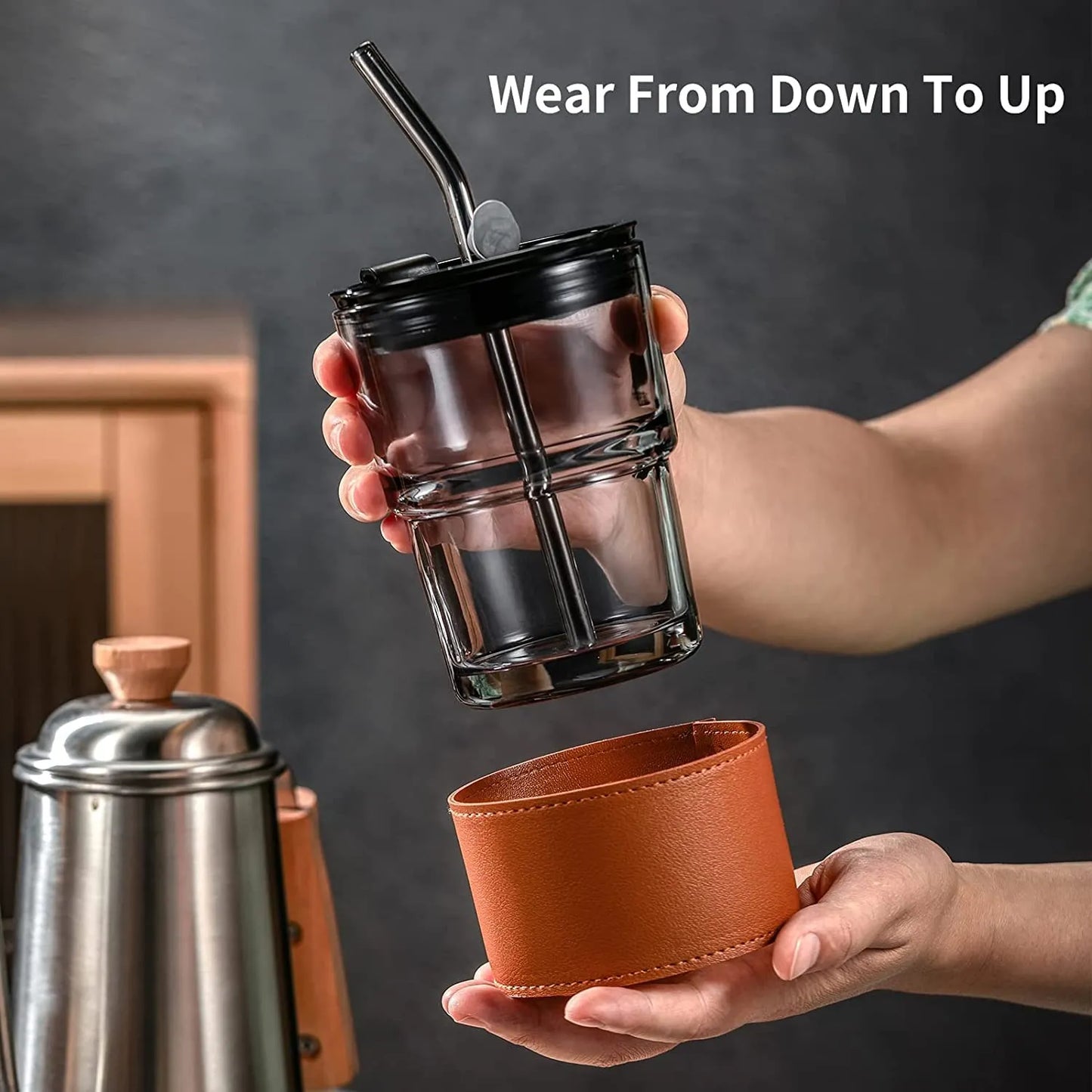 Techmanistan Glass Tumbler with Straw, Lid & Leather Sleeve | Reusable Glass Coffee Tumbler