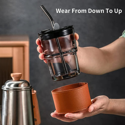 Techmanistan Glass Tumbler with Straw, Lid & Leather Sleeve | Reusable Glass Coffee Tumbler