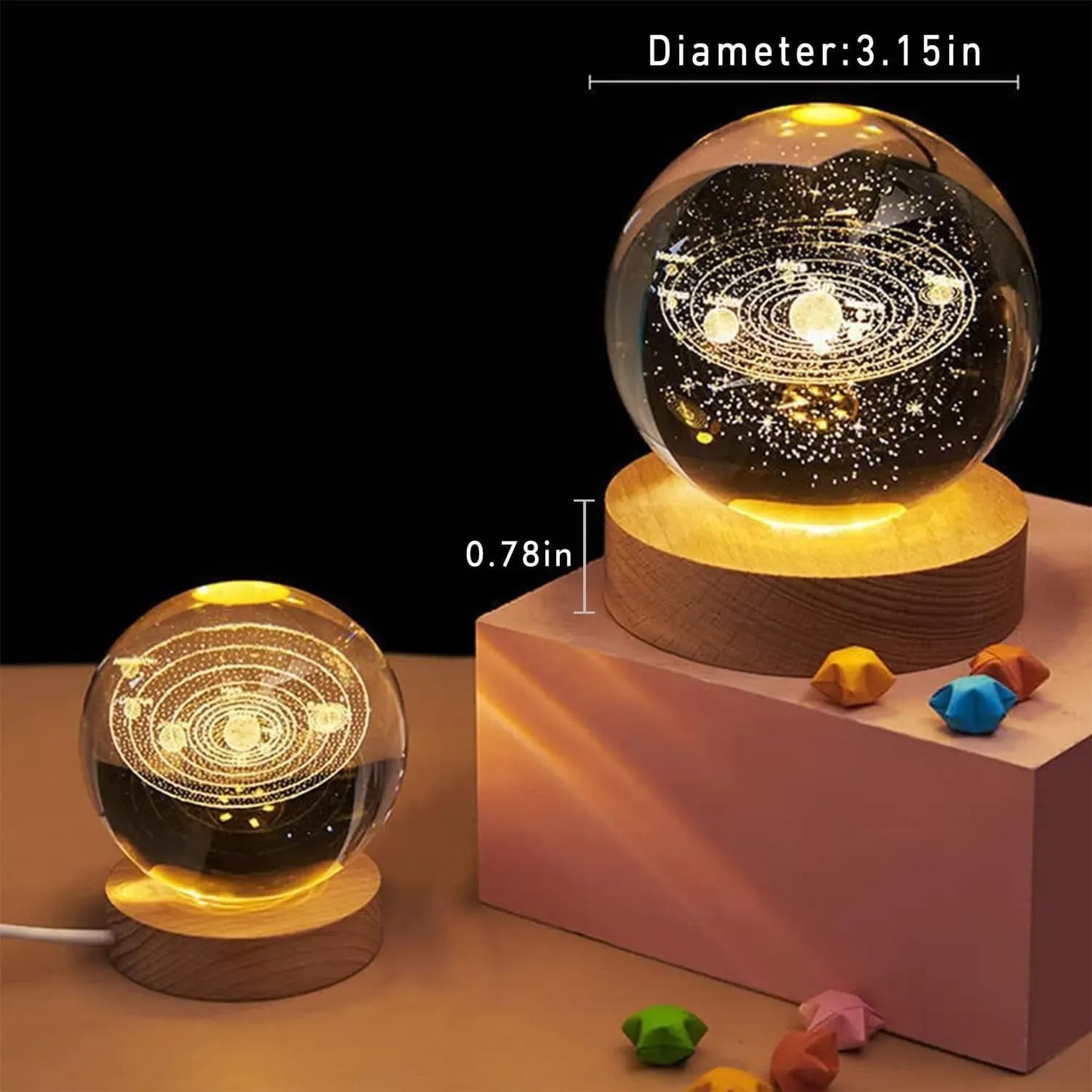 "3D LED Crystal Galaxy Lamp – Solar System Night Light with Wooden Base"
