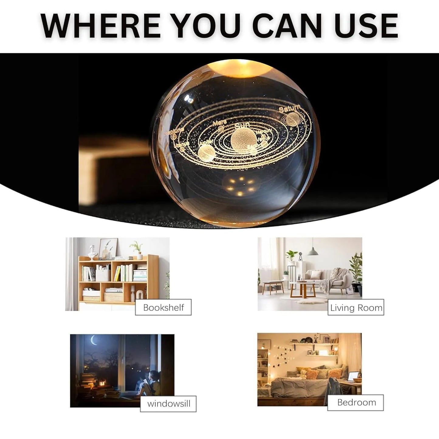 "3D LED Crystal Galaxy Lamp – Solar System Night Light with Wooden Base"