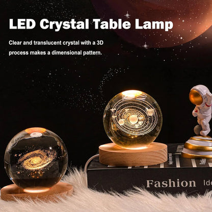 "3D LED Crystal Galaxy Lamp – Solar System Night Light with Wooden Base"
