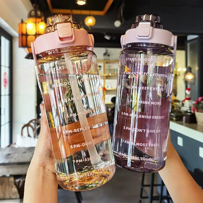 2L Motivational Time Marker Transparent Drinking Water Bottle With Straw